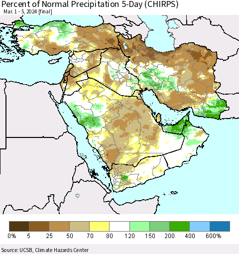 Middle East and Turkey Percent of Normal Precipitation 5-Day (CHIRPS) Thematic Map For 3/1/2024 - 3/5/2024