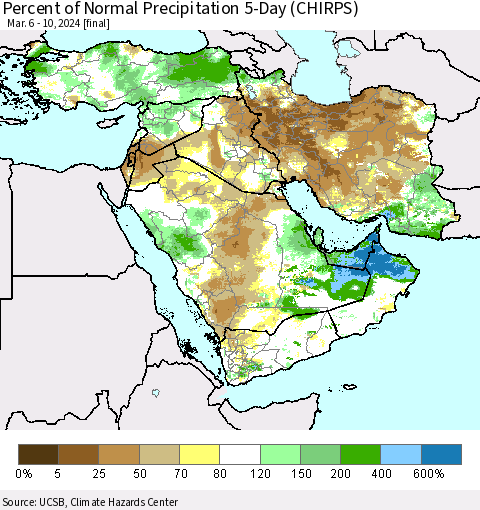 Middle East and Turkey Percent of Normal Precipitation 5-Day (CHIRPS) Thematic Map For 3/6/2024 - 3/10/2024