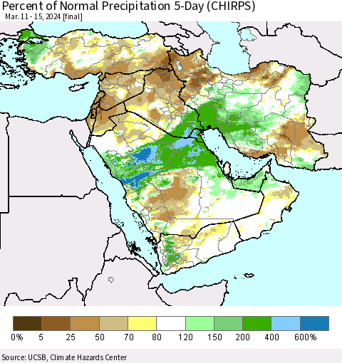 Middle East and Turkey Percent of Normal Precipitation 5-Day (CHIRPS) Thematic Map For 3/11/2024 - 3/15/2024