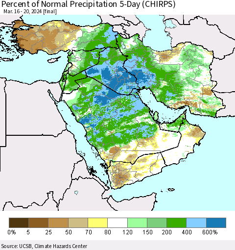 Middle East and Turkey Percent of Normal Precipitation 5-Day (CHIRPS) Thematic Map For 3/16/2024 - 3/20/2024