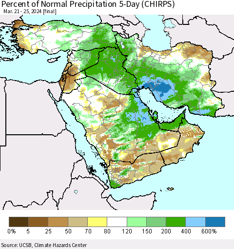 Middle East and Turkey Percent of Normal Precipitation 5-Day (CHIRPS) Thematic Map For 3/21/2024 - 3/25/2024