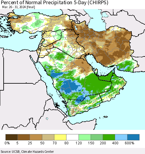 Middle East and Turkey Percent of Normal Precipitation 5-Day (CHIRPS) Thematic Map For 3/26/2024 - 3/31/2024