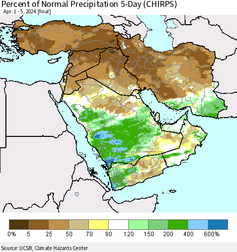 Middle East and Turkey Percent of Normal Precipitation 5-Day (CHIRPS) Thematic Map For 4/1/2024 - 4/5/2024