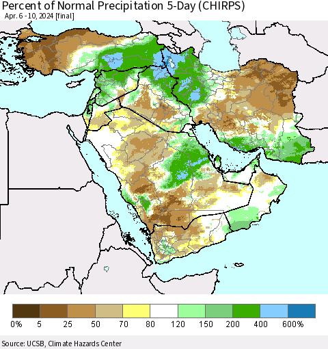 Middle East and Turkey Percent of Normal Precipitation 5-Day (CHIRPS) Thematic Map For 4/6/2024 - 4/10/2024