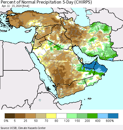 Middle East and Turkey Percent of Normal Precipitation 5-Day (CHIRPS) Thematic Map For 4/11/2024 - 4/15/2024