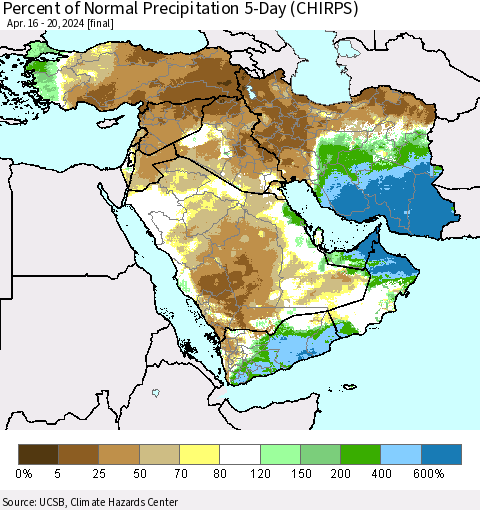 Middle East and Turkey Percent of Normal Precipitation 5-Day (CHIRPS) Thematic Map For 4/16/2024 - 4/20/2024