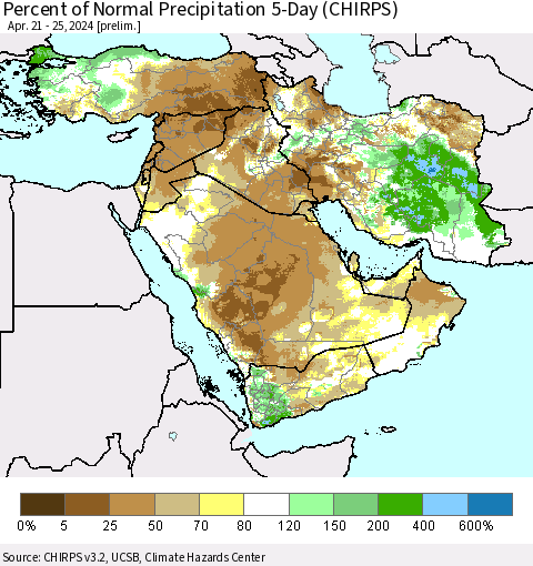 Middle East and Turkey Percent of Normal Precipitation 5-Day (CHIRPS) Thematic Map For 4/21/2024 - 4/25/2024