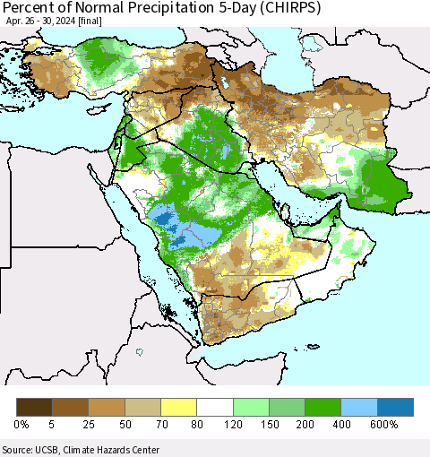 Middle East and Turkey Percent of Normal Precipitation 5-Day (CHIRPS) Thematic Map For 4/26/2024 - 4/30/2024