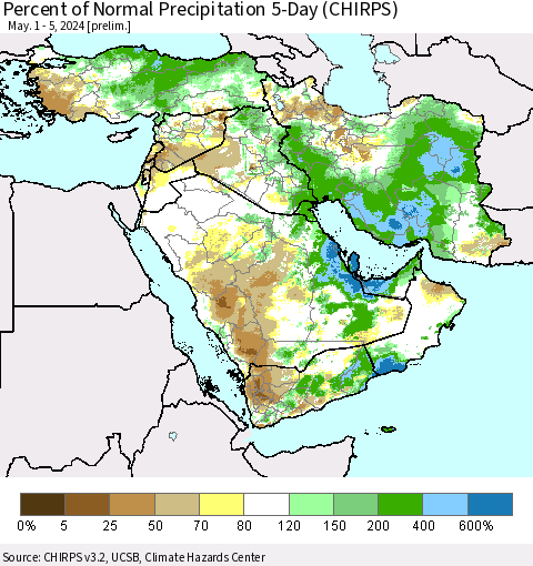 Middle East and Turkey Percent of Normal Precipitation 5-Day (CHIRPS) Thematic Map For 5/1/2024 - 5/5/2024