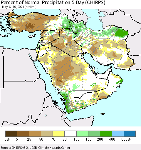 Middle East and Turkey Percent of Normal Precipitation 5-Day (CHIRPS) Thematic Map For 5/6/2024 - 5/10/2024