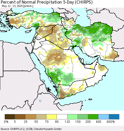 Middle East and Turkey Percent of Normal Precipitation 5-Day (CHIRPS) Thematic Map For 5/11/2024 - 5/15/2024