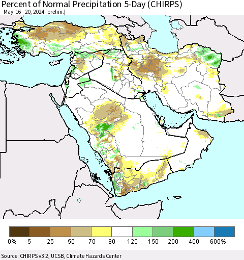 Middle East and Turkey Percent of Normal Precipitation 5-Day (CHIRPS) Thematic Map For 5/16/2024 - 5/20/2024