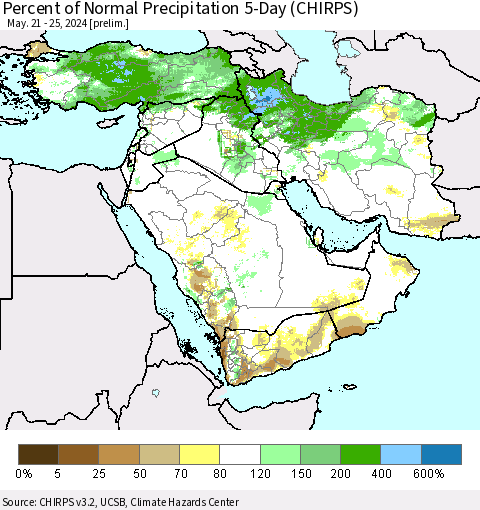 Middle East and Turkey Percent of Normal Precipitation 5-Day (CHIRPS) Thematic Map For 5/21/2024 - 5/25/2024