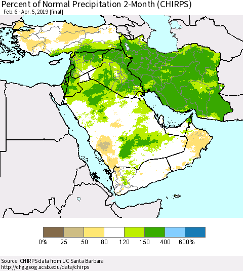 Middle East and Turkey Percent of Normal Precipitation 2-Month (CHIRPS) Thematic Map For 2/6/2019 - 4/5/2019