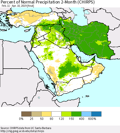 Middle East and Turkey Percent of Normal Precipitation 2-Month (CHIRPS) Thematic Map For 2/11/2019 - 4/10/2019