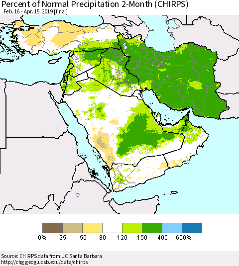 Middle East and Turkey Percent of Normal Precipitation 2-Month (CHIRPS) Thematic Map For 2/16/2019 - 4/15/2019