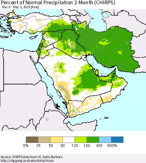 Middle East and Turkey Percent of Normal Precipitation 2-Month (CHIRPS) Thematic Map For 3/6/2019 - 5/5/2019