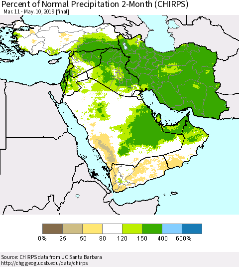 Middle East and Turkey Percent of Normal Precipitation 2-Month (CHIRPS) Thematic Map For 3/11/2019 - 5/10/2019
