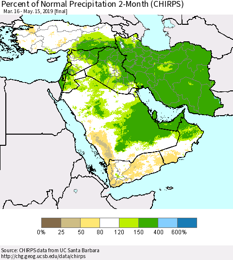 Middle East and Turkey Percent of Normal Precipitation 2-Month (CHIRPS) Thematic Map For 3/16/2019 - 5/15/2019