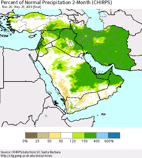 Middle East and Turkey Percent of Normal Precipitation 2-Month (CHIRPS) Thematic Map For 3/26/2019 - 5/25/2019