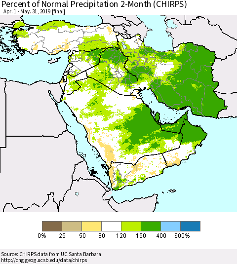 Middle East and Turkey Percent of Normal Precipitation 2-Month (CHIRPS) Thematic Map For 4/1/2019 - 5/31/2019