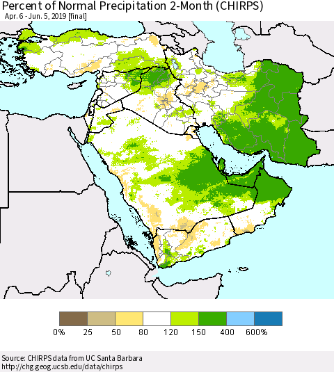Middle East and Turkey Percent of Normal Precipitation 2-Month (CHIRPS) Thematic Map For 4/6/2019 - 6/5/2019