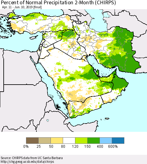 Middle East and Turkey Percent of Normal Precipitation 2-Month (CHIRPS) Thematic Map For 4/11/2019 - 6/10/2019