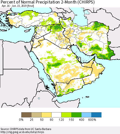 Middle East and Turkey Percent of Normal Precipitation 2-Month (CHIRPS) Thematic Map For 4/16/2019 - 6/15/2019