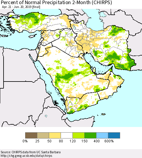 Middle East and Turkey Percent of Normal Precipitation 2-Month (CHIRPS) Thematic Map For 4/21/2019 - 6/20/2019