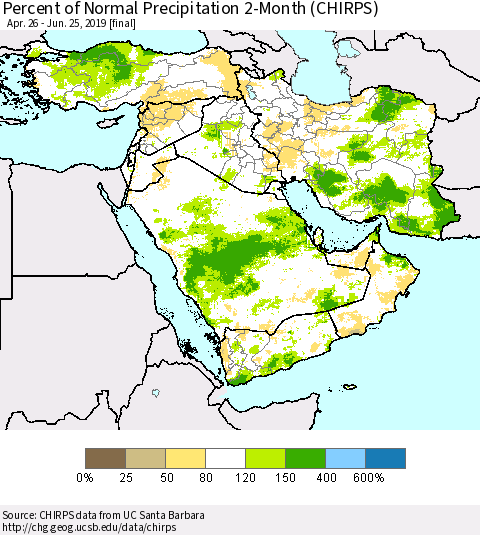 Middle East and Turkey Percent of Normal Precipitation 2-Month (CHIRPS) Thematic Map For 4/26/2019 - 6/25/2019