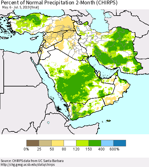 Middle East and Turkey Percent of Normal Precipitation 2-Month (CHIRPS) Thematic Map For 5/6/2019 - 7/5/2019