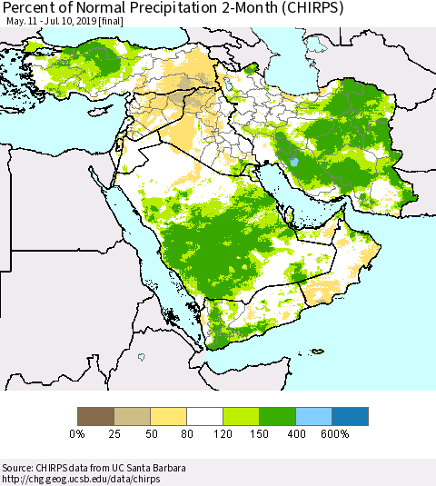 Middle East and Turkey Percent of Normal Precipitation 2-Month (CHIRPS) Thematic Map For 5/11/2019 - 7/10/2019