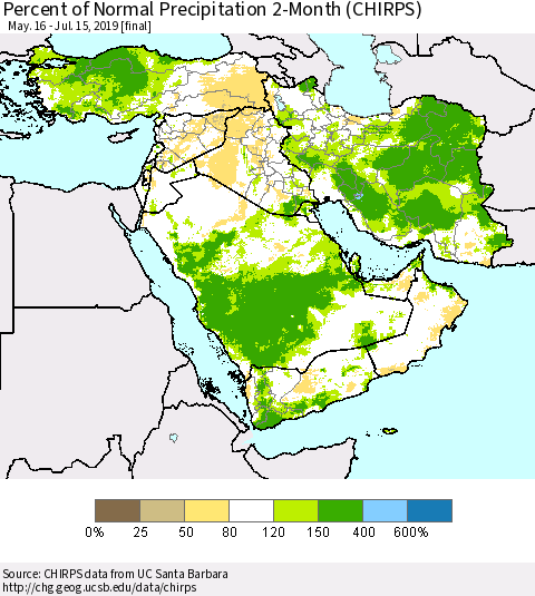 Middle East and Turkey Percent of Normal Precipitation 2-Month (CHIRPS) Thematic Map For 5/16/2019 - 7/15/2019