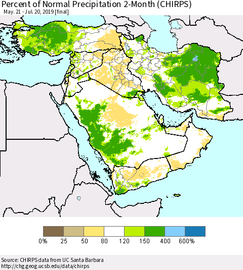 Middle East and Turkey Percent of Normal Precipitation 2-Month (CHIRPS) Thematic Map For 5/21/2019 - 7/20/2019