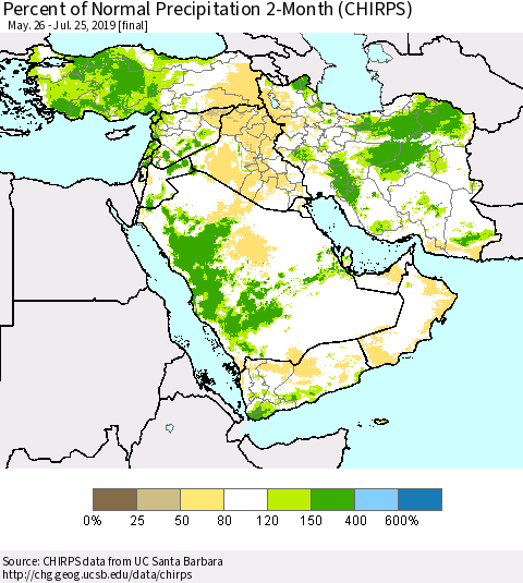 Middle East and Turkey Percent of Normal Precipitation 2-Month (CHIRPS) Thematic Map For 5/26/2019 - 7/25/2019