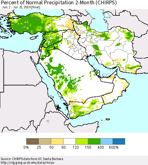 Middle East and Turkey Percent of Normal Precipitation 2-Month (CHIRPS) Thematic Map For 6/1/2019 - 7/31/2019