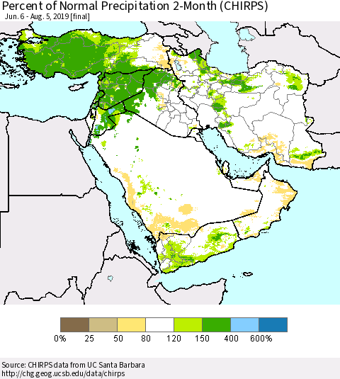 Middle East and Turkey Percent of Normal Precipitation 2-Month (CHIRPS) Thematic Map For 6/6/2019 - 8/5/2019