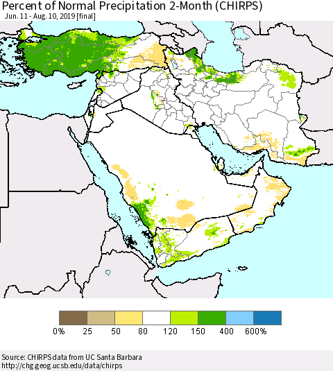 Middle East and Turkey Percent of Normal Precipitation 2-Month (CHIRPS) Thematic Map For 6/11/2019 - 8/10/2019