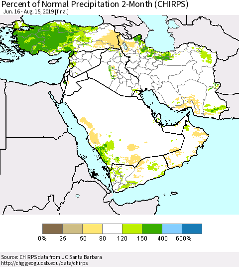 Middle East and Turkey Percent of Normal Precipitation 2-Month (CHIRPS) Thematic Map For 6/16/2019 - 8/15/2019