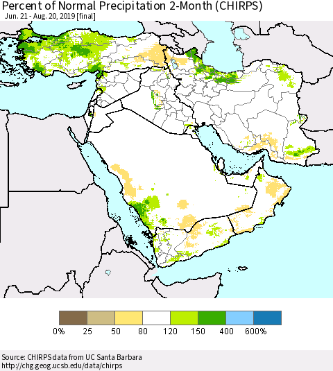 Middle East and Turkey Percent of Normal Precipitation 2-Month (CHIRPS) Thematic Map For 6/21/2019 - 8/20/2019