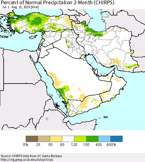 Middle East and Turkey Percent of Normal Precipitation 2-Month (CHIRPS) Thematic Map For 7/1/2019 - 8/31/2019