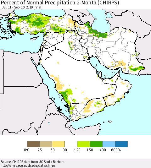 Middle East and Turkey Percent of Normal Precipitation 2-Month (CHIRPS) Thematic Map For 7/11/2019 - 9/10/2019