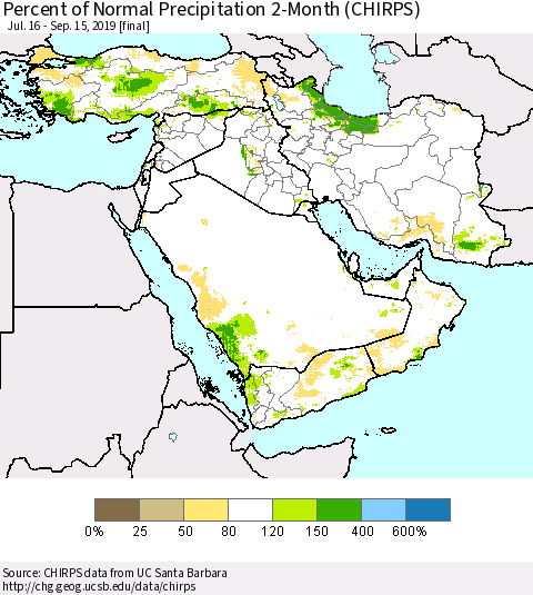 Middle East and Turkey Percent of Normal Precipitation 2-Month (CHIRPS) Thematic Map For 7/16/2019 - 9/15/2019