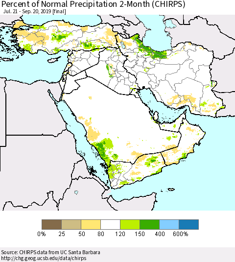 Middle East and Turkey Percent of Normal Precipitation 2-Month (CHIRPS) Thematic Map For 7/21/2019 - 9/20/2019