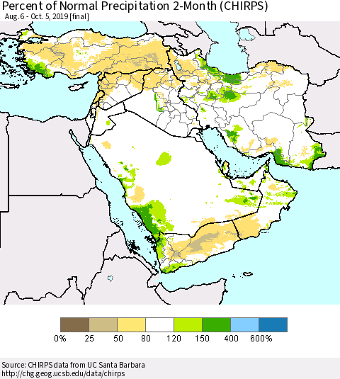 Middle East and Turkey Percent of Normal Precipitation 2-Month (CHIRPS) Thematic Map For 8/6/2019 - 10/5/2019