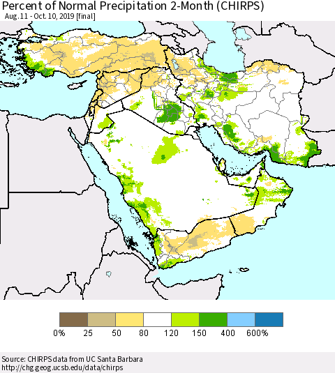 Middle East and Turkey Percent of Normal Precipitation 2-Month (CHIRPS) Thematic Map For 8/11/2019 - 10/10/2019