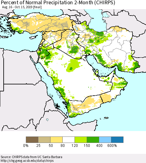 Middle East and Turkey Percent of Normal Precipitation 2-Month (CHIRPS) Thematic Map For 8/16/2019 - 10/15/2019