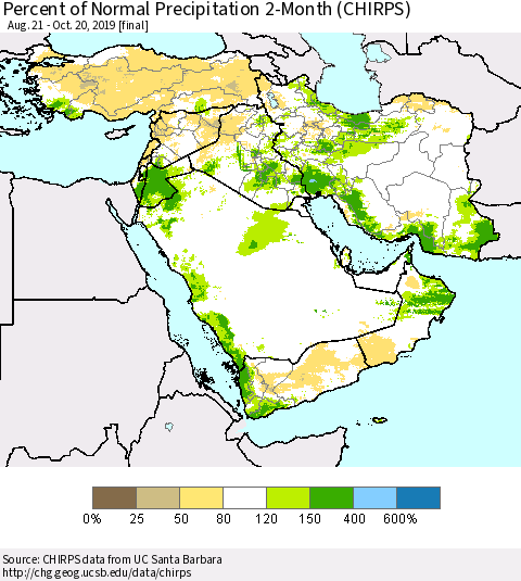 Middle East and Turkey Percent of Normal Precipitation 2-Month (CHIRPS) Thematic Map For 8/21/2019 - 10/20/2019