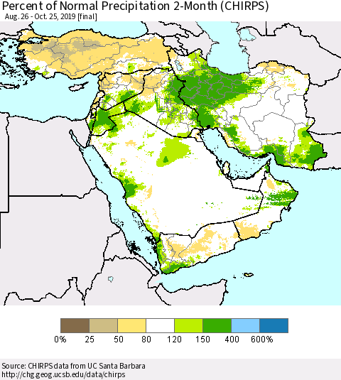 Middle East and Turkey Percent of Normal Precipitation 2-Month (CHIRPS) Thematic Map For 8/26/2019 - 10/25/2019