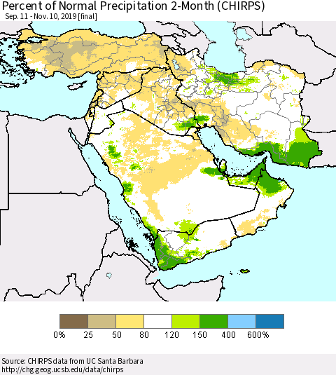 Middle East and Turkey Percent of Normal Precipitation 2-Month (CHIRPS) Thematic Map For 9/11/2019 - 11/10/2019